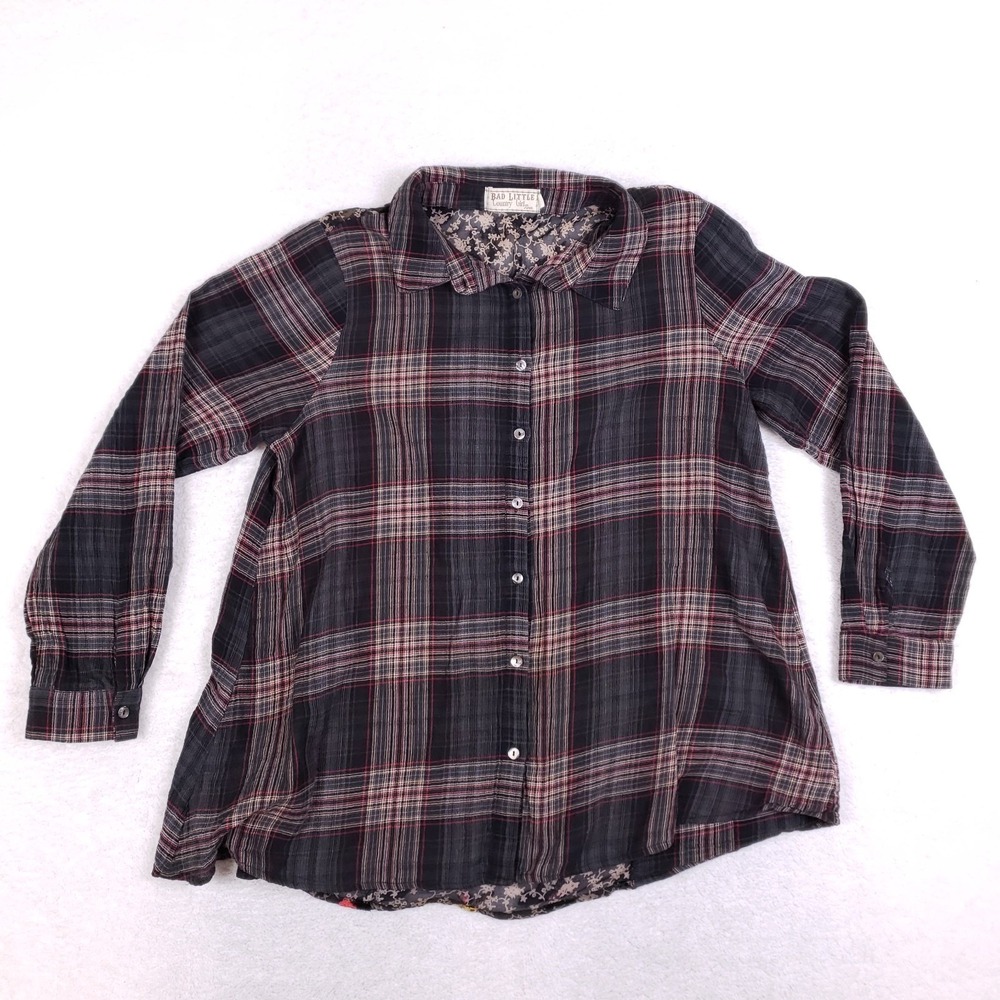 Bad Little Country Girl Shirt 1XL Plaid Floral Mixed Media Boho Button Up